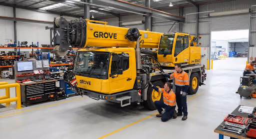 A yellow and black Grove GMK 3060 mobile crane
